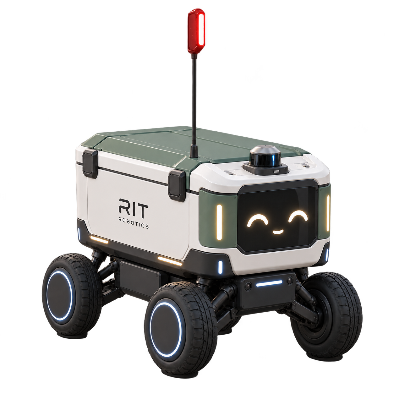 RIT rover concept with roof sensor, red beacon, front display and exposed suspension